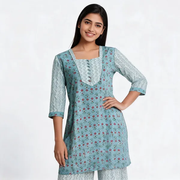 Light_Blue_Cotton_Floral_Frock_Top_Palazzo_Co-Ord_Set_For_Women