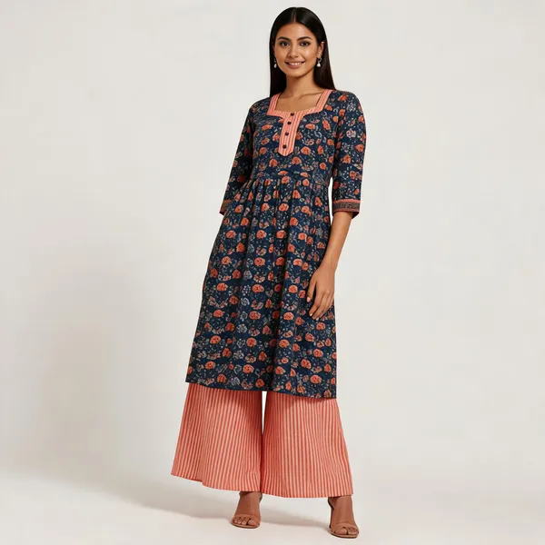 Blue_Cotton_Floral_Frock_Top_Palazzo_Co-Ord_Set_For_Women