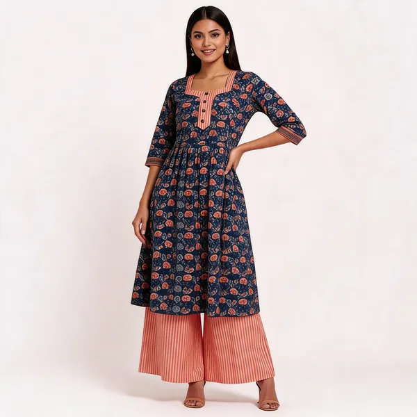 Blue_Cotton_Floral_Frock_Top_Palazzo_Co-Ord_Set_For_Women