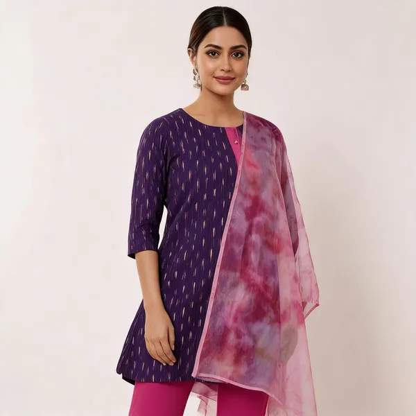 Purple_Cotton_Ikat_Kurta_Waistcoat_Straight_Pant_Co-Ord_Set_For_Women