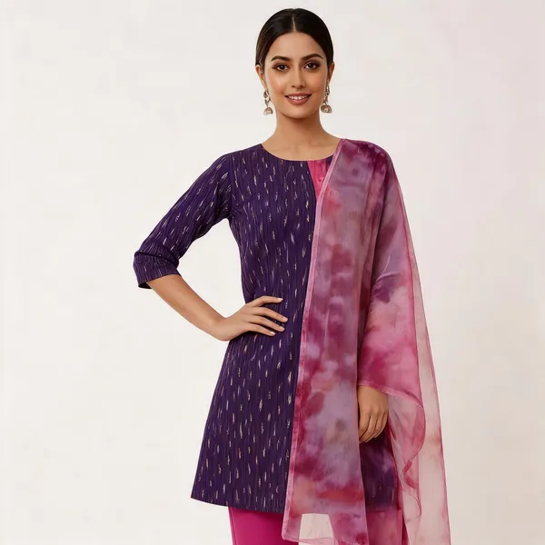 Purple_Cotton_Ikat_Kurta_Waistcoat_Straight_Pant_Co-Ord_Set_For_Women