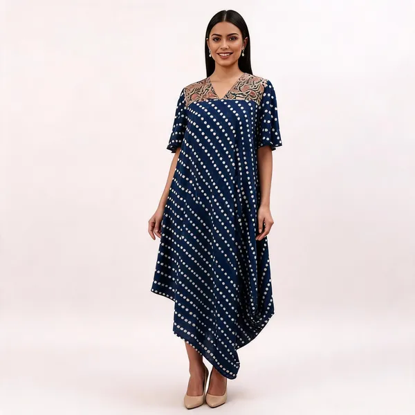 Blue_Cotton_Polka_Dot_Butterfly_Sleeve_Kalamkari_Cowl_Midi_Dress_For_Women