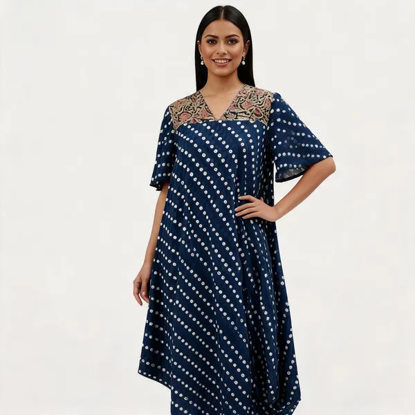 Blue_Cotton_Polka_Dot_Butterfly_Sleeve_Kalamkari_Cowl_Midi_Dress_For_Women