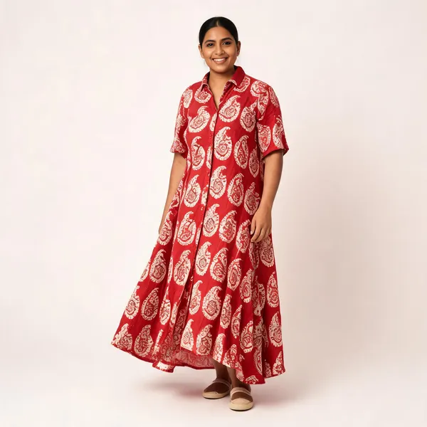 Red_Cotton_Kantha_Flared_Midi_Dress_For_Women