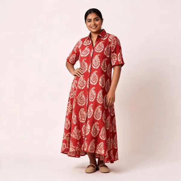 Red_Cotton_Kantha_Flared_Midi_Dress_For_Women
