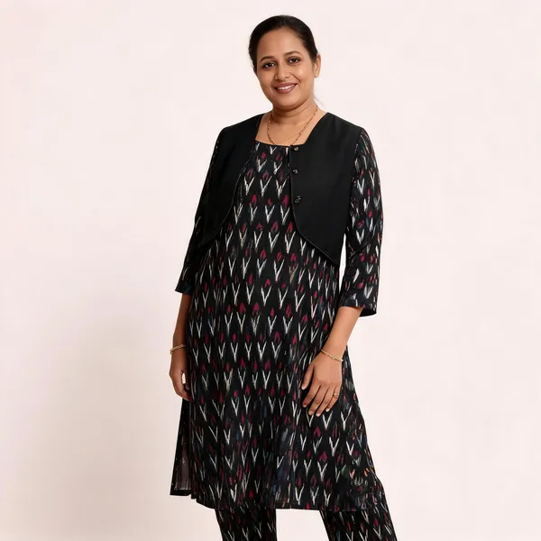 Black_Cotton_Ikat_Waistcoat_Kurta_Straight_Pant_Co-Ord_Set_For_Women