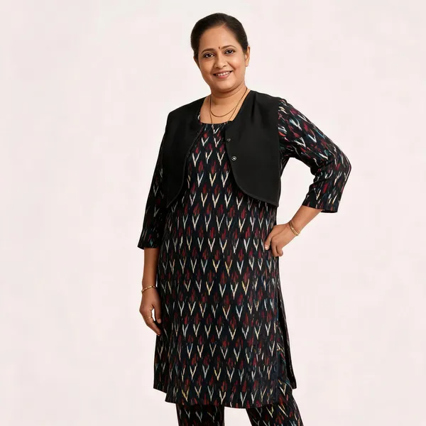Black_Cotton_Ikat_Waistcoat_Kurta_Straight_Pant_Co-Ord_Set_For_Women