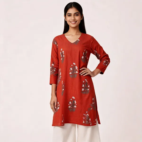 Rust_Cotton_Block_Print_Flared_Kurta_Palazzo_Co-Ord_Set_For_Women