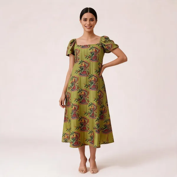 Green_Tussar_Silk_Birdy_Print_Puff_Sleeve_Midi_Dress_For_Women