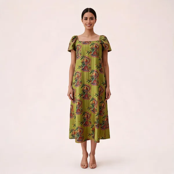 Green_Tussar_Silk_Birdy_Print_Puff_Sleeve_Midi_Dress_For_Women