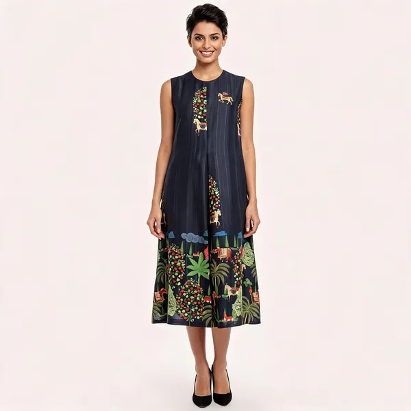 Dark_Green_Tussar_Silk_Animal_Print_Sleeveless_Pleated_Midi_Dress_For_Women