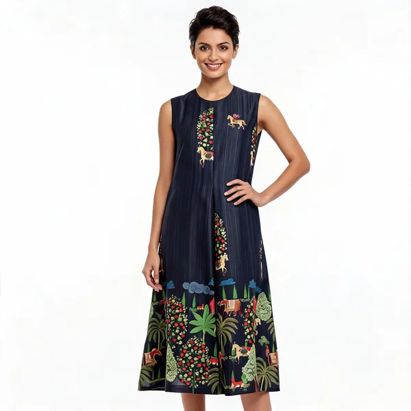 Dark_Green_Tussar_Silk_Animal_Print_Sleeveless_Pleated_Midi_Dress_For_Women