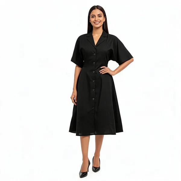 Black_Chanderi_Silk_Lapel_Collar_Kimono_Sleeve_Midi_Dress_For_Women