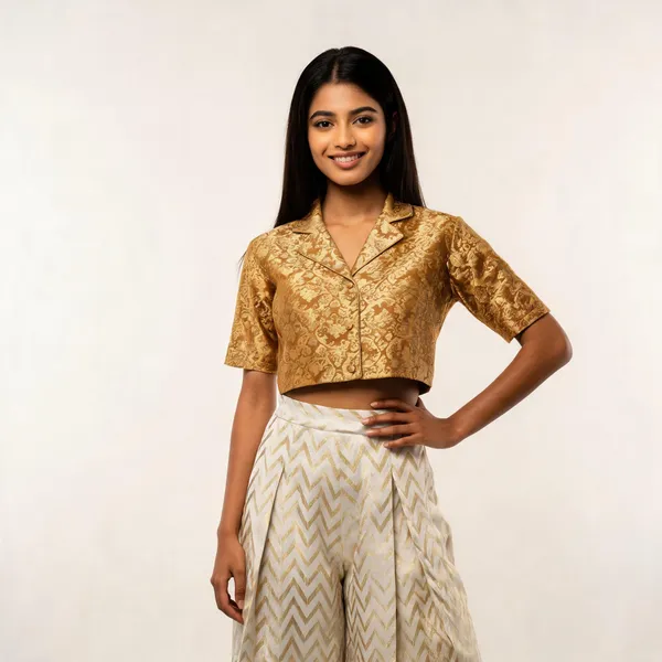 Gold_Silk_Brocade_Zari_Crop_Top_Pleated_Pant_Ethnic_Set_For_Women