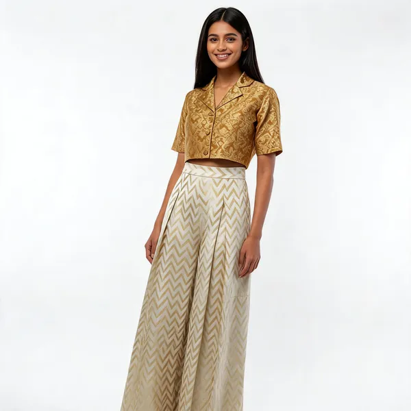 Gold_Silk_Brocade_Zari_Crop_Top_Pleated_Pant_Ethnic_Set_For_Women