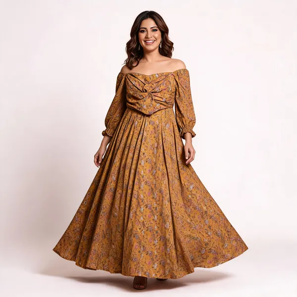 Mustard_Uppada_Silk_Printed_Flared_Yoke_Skirt_Twisted_Blouse_Set_For_Women