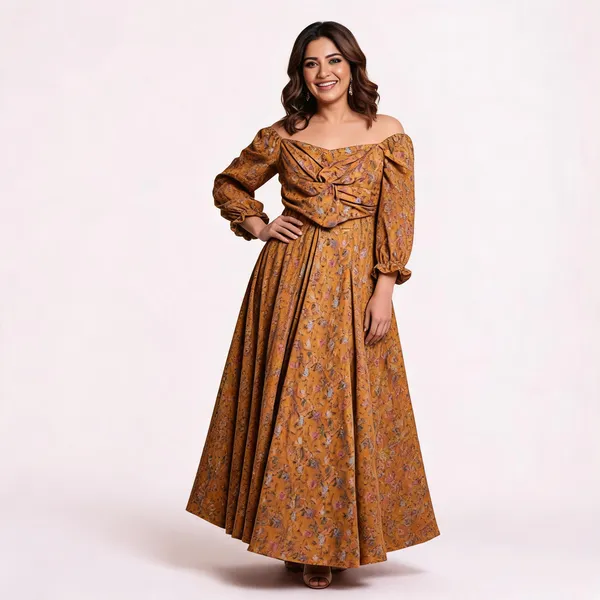 Mustard_Uppada_Silk_Printed_Flared_Yoke_Skirt_Twisted_Blouse_Set_For_Women