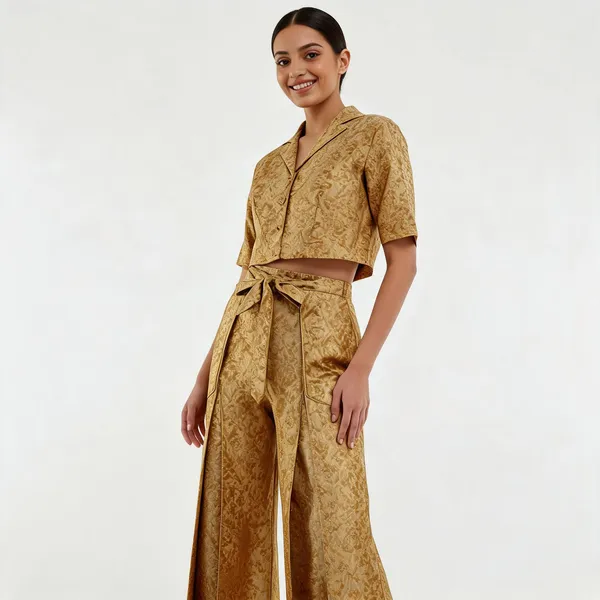 Golden_Banarasi_Silk_Brocade_Crop_Top_Pleated_Trouser_Party_Wear_Set_For_Women