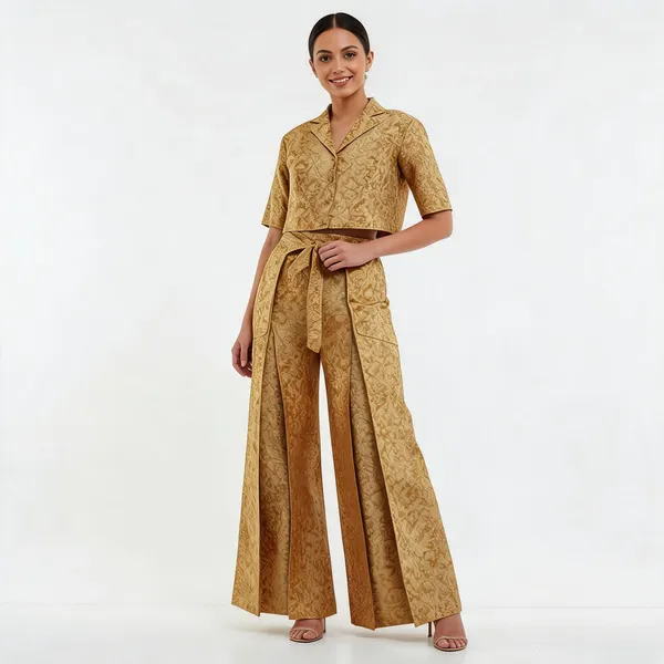 Golden_Banarasi_Silk_Brocade_Crop_Top_Pleated_Trouser_Party_Wear_Set_For_Women