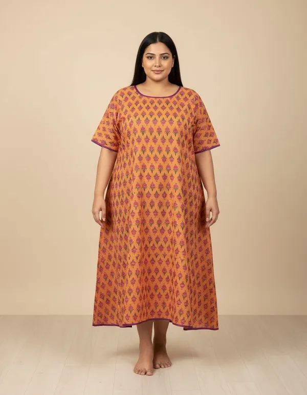 Orange_Chanderi_Cotton_Kimono_Midi_Dress_For_Women