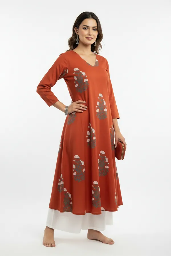 Rust_Cotton_Block_Print_Flared_Kurta_Palazzo_Co-Ord_Set_For_Women