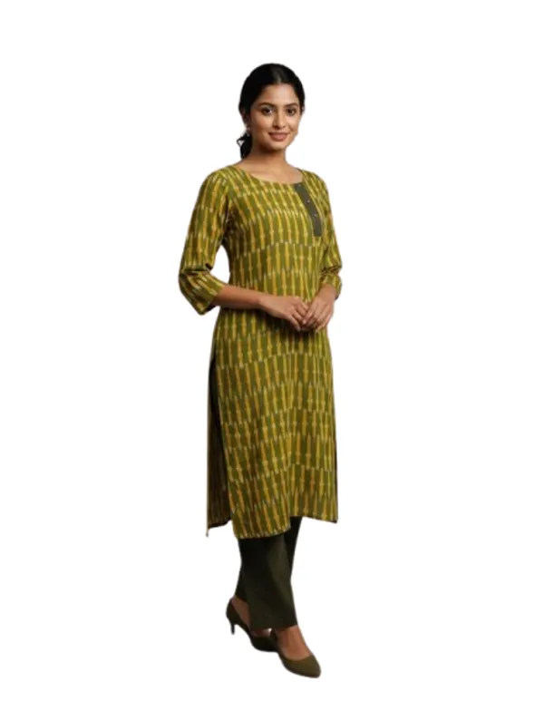 Yellow_Cotton_Linen_Ikat_Kurta_With_Pant_Waistcoat_Set_For_Women