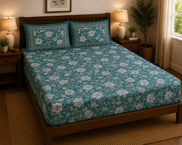 Blue_Pure_Cotton_Fitted_/__Elastic_Premium_King_Size_Bedsheet_With_2_Pillow_Covers