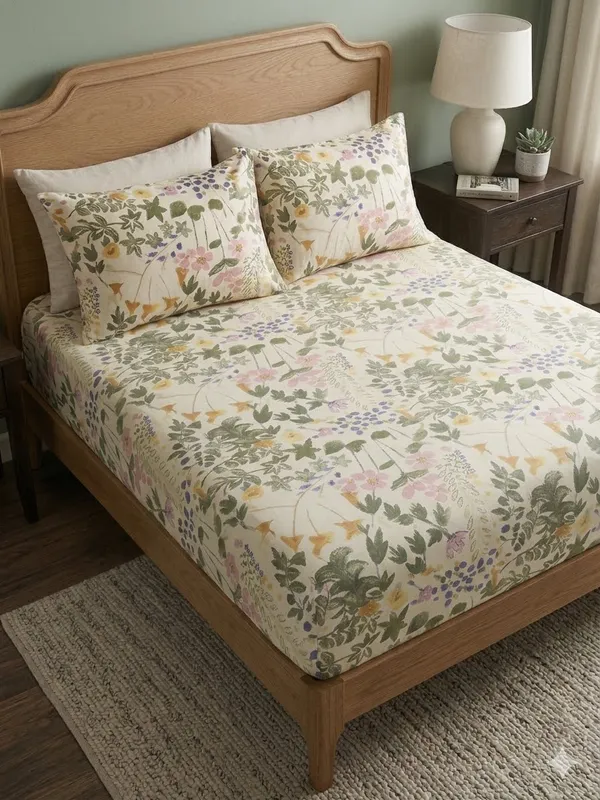 Floral_Fitted/_elastic_Pure_Cotton_Premium_King_Size_Bedsheet_With_Pillow_Covers