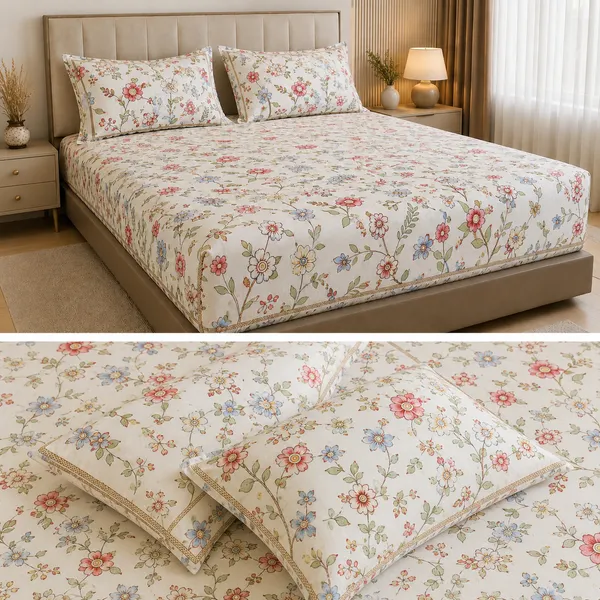 Fitted/_elastic_Pure_Cotton_Premium_King_Size_Bedsheet_With_Pillow_Covers