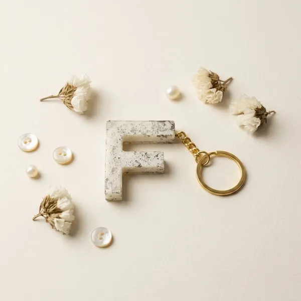 White_Resin_Letter_F_Keychain_With_Gold_Ring