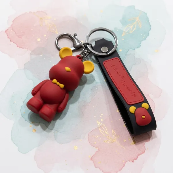 Red_Bear_Charm_Black_Leather_Strap_Keychain