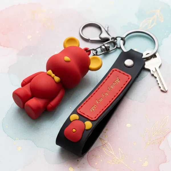 Red_Bear_Charm_Black_Leather_Strap_Keychain