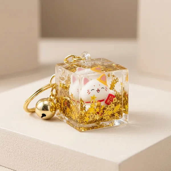 Transparent_Resin_Cube_Lucky_Cat_Gold_Glitter_Keychain_For_Unisex