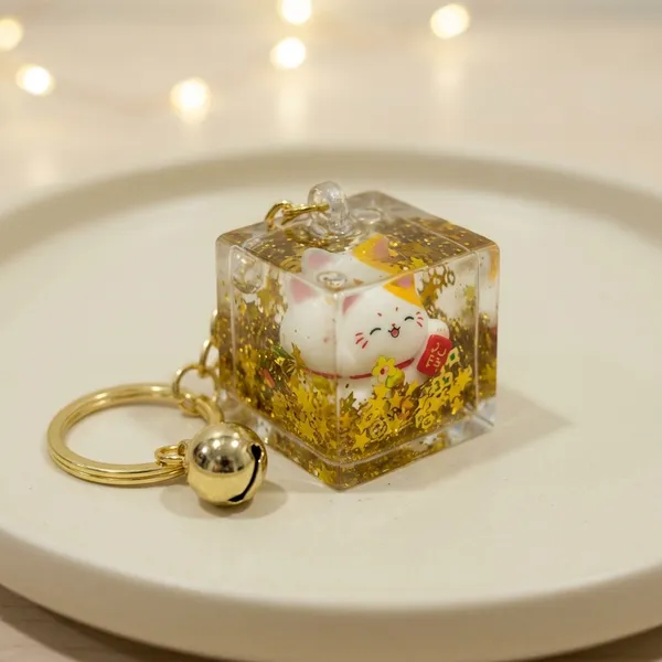 Transparent_Resin_Cube_Lucky_Cat_Gold_Glitter_Keychain_For_Unisex