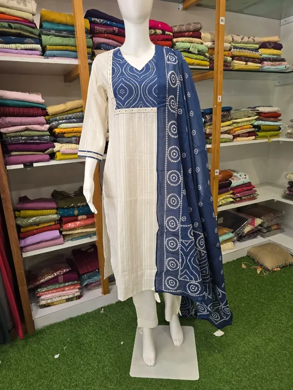 White_Navy_Blue_Bandhani_Print_Cotton_Kurta_Set_With_Dupatta_For_Women