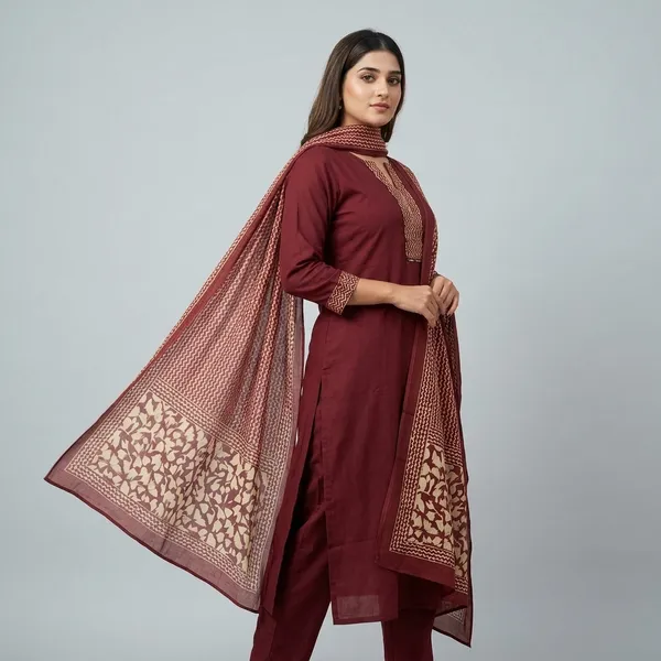 Maroon_Embroidered_Kurta_Set_With_Printed_Dupatta_For_Women
