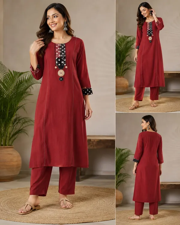 Maroon_Cotton_A-Line_Kurta_Set_With_Embroidered_Yoke_For_Women