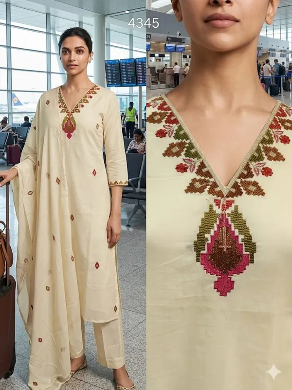 Cream_Embroidered_V-Neck_Kurta_Set_With_Dupatta_For_Women