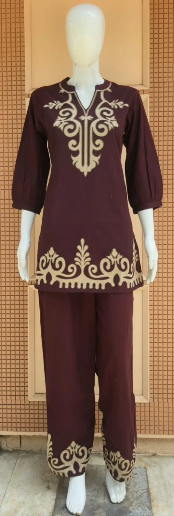 Brown_Embroidered_Kurta_Pajama_Set_For_Women