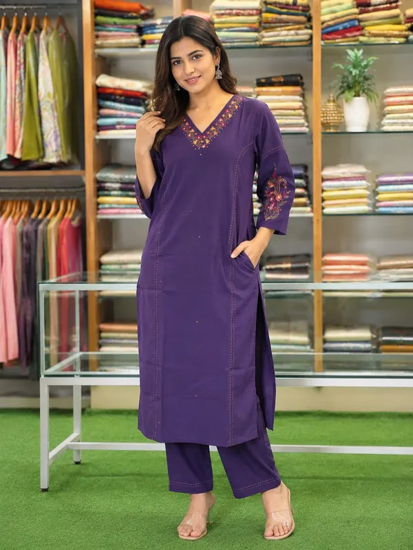 Purple_Embroidered_V-Neck_Kurta_Set_For_Women
