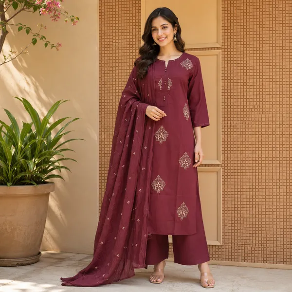 Maroon_Embroidered_Straight_Kurta_With_Palazzo_Set_For_Women