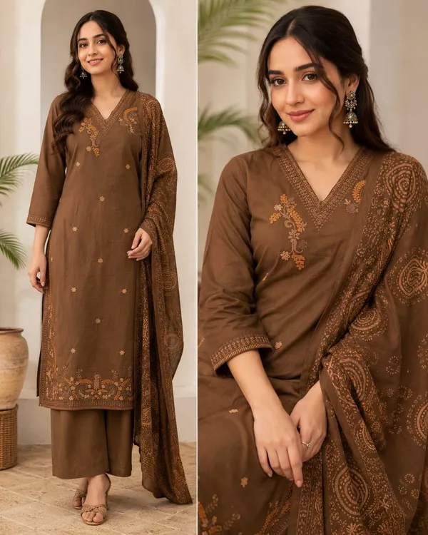 Brown_Embroidered_Kurta_Set_With_Palazzo_And_Dupatta_For_Women