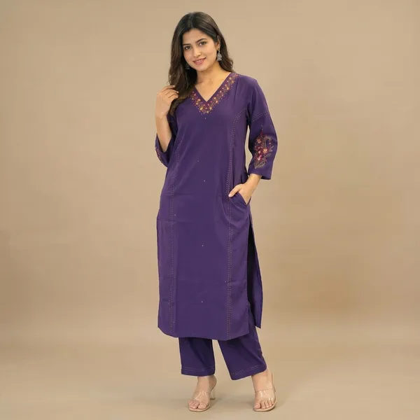 Purple_Embroidered_V-Neck_Kurta_Set_For_Women