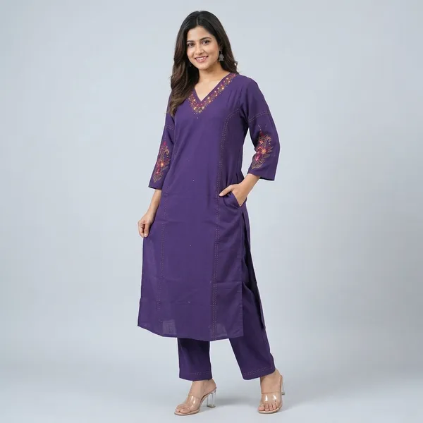 Purple_Embroidered_V-Neck_Kurta_Set_For_Women