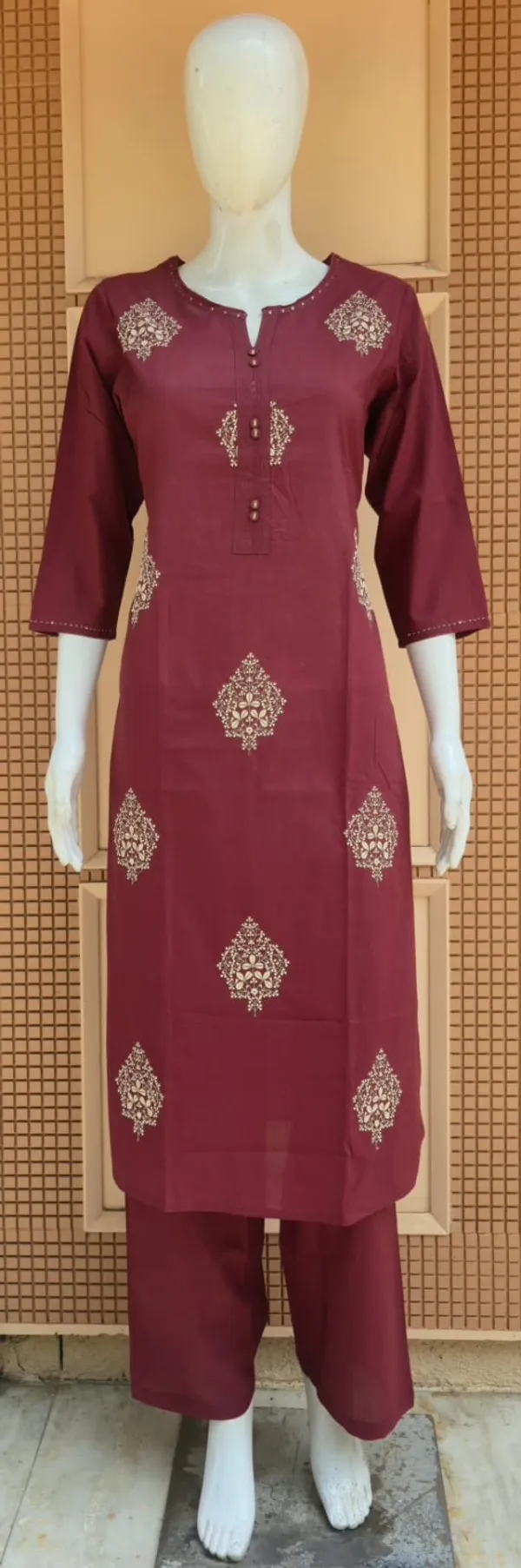 Maroon_Embroidered_Straight_Kurta_With_Palazzo_Set_For_Women