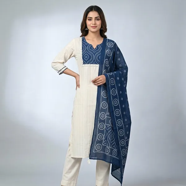 White_Navy_Blue_Bandhani_Print_Cotton_Kurta_Set_With_Dupatta_For_Women