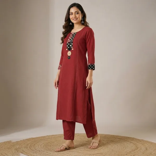 Maroon_Cotton_A-Line_Kurta_Set_With_Embroidered_Yoke_For_Women