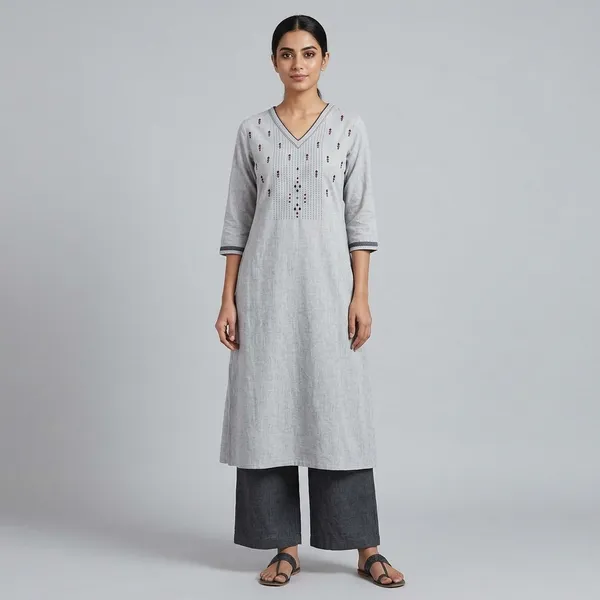 Grey_Cotton_Embroidered_V-Neck_Kurta_Set_For_Women