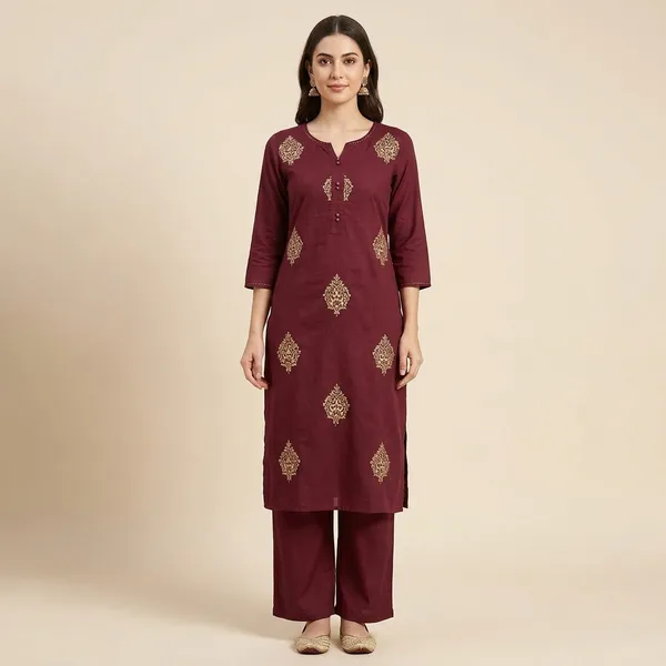 Maroon_Embroidered_Straight_Kurta_With_Palazzo_Set_For_Women