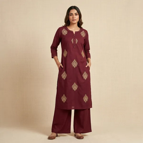 Maroon_Embroidered_Straight_Kurta_With_Palazzo_Set_For_Women